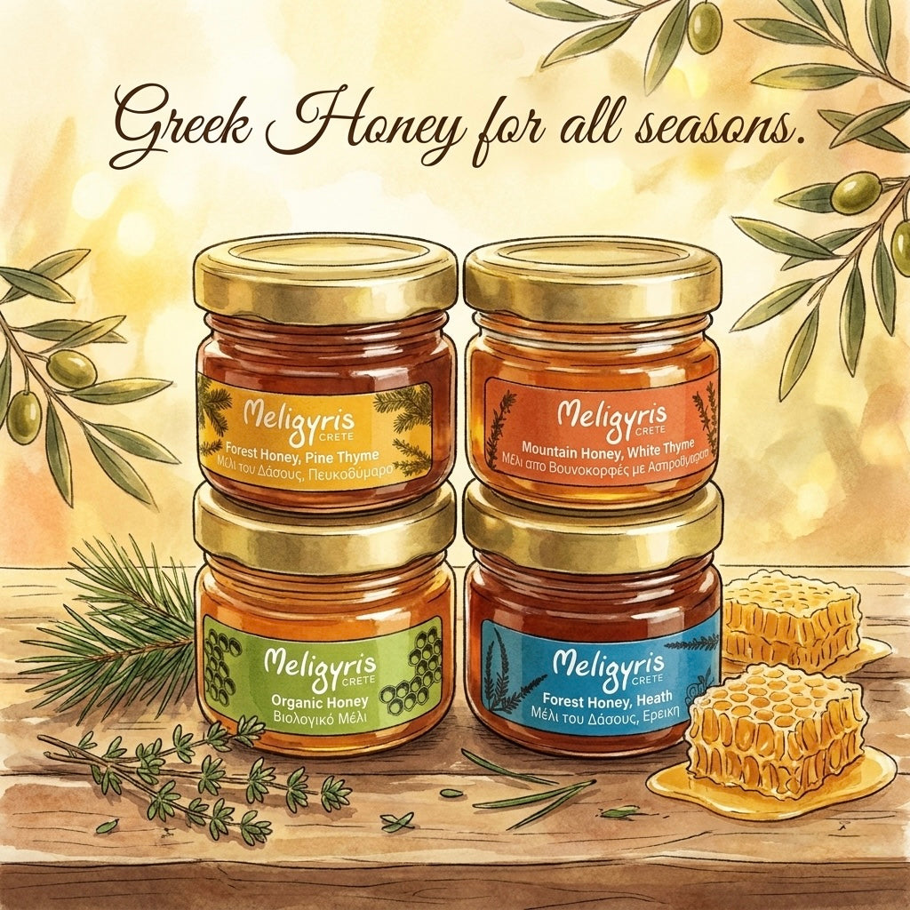 Meligyris Greek Honey Gift Set, 4 Varieties Pack with Mountain Honey, Pine Thyme, Forest Honey Heath, Organic Honey, 30g each Jar