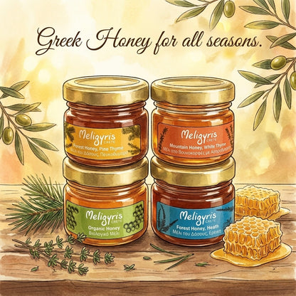 Meligyris Greek Honey Gift Set, 4 Varieties Pack with Mountain Honey, Pine Thyme, Forest Honey Heath, Organic Honey, 30g each Jar