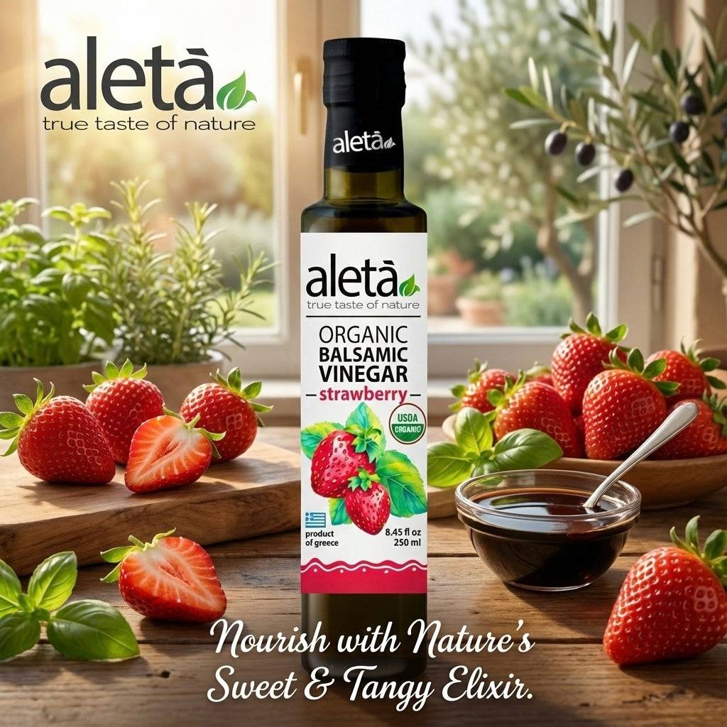 Aleta Organic, Strawberry Infused Balsamic Vinegar, Glass Bottle, 8.45 oz.