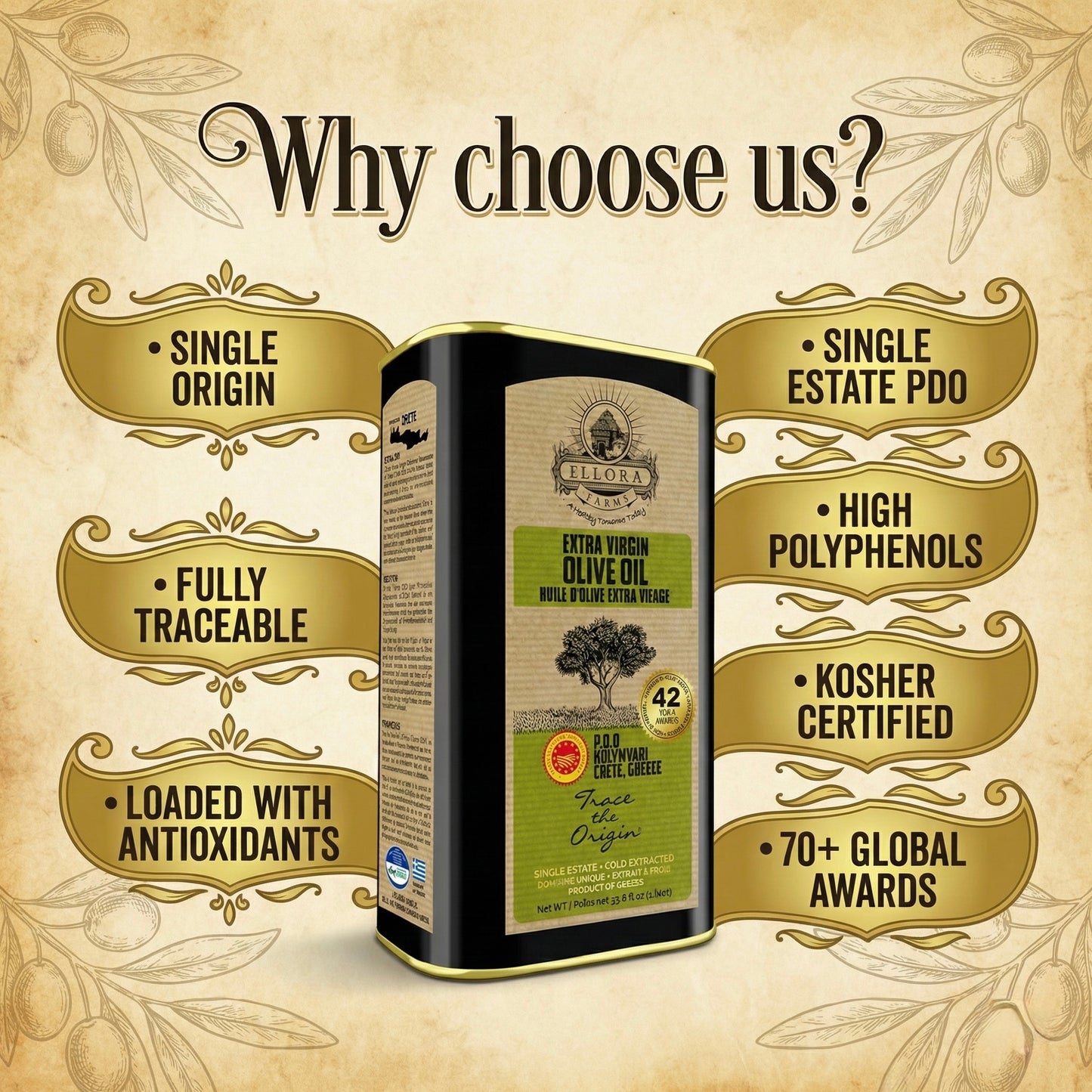 Aleta Organic & Ellora PDO Single Estate Extra Virgin Greek Olive Oil, 1 Ltr Tin, 33.8 oz. Combo