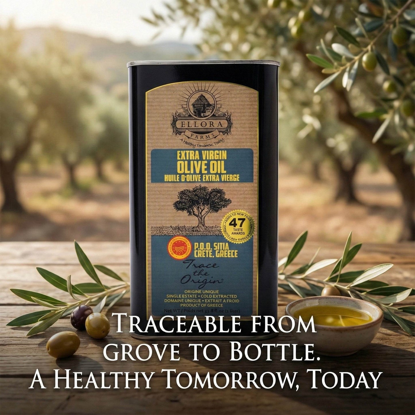 Traceable Single Estate SITIA Greek Extra Virgin Olive Oil, Kosher & PDO Certified, 33.8 oz.