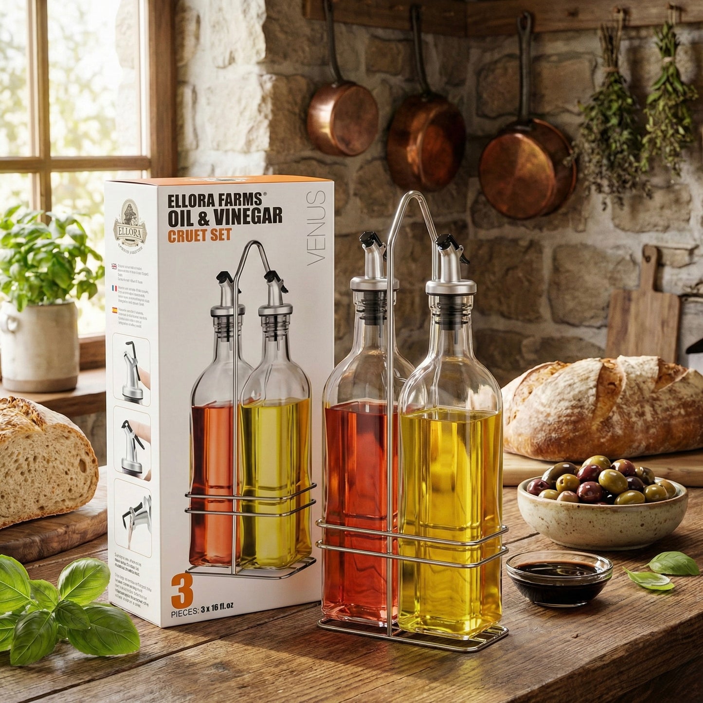 Venus Chef Cruet Glass Bottle Set, Oil & Vinegar Dispenser, 16 fl oz. X 2 Bottles