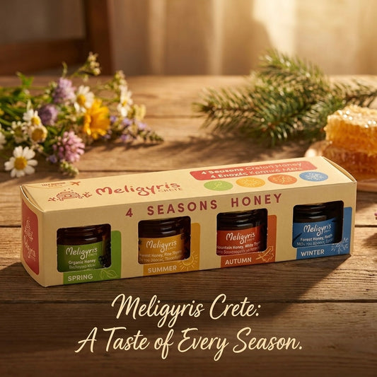 Meligyris Greek Honey Gift Set, 4 Varieties Pack with Mountain Honey, Pine Thyme, Forest Honey Heath, Organic Honey, 30g each Jar