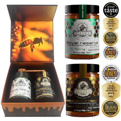 PDO Beekeepers Reserve & Queens Nectar Platinum Awarded, Raw Greek Honey, 1 lb. Each Combo Gift Pack