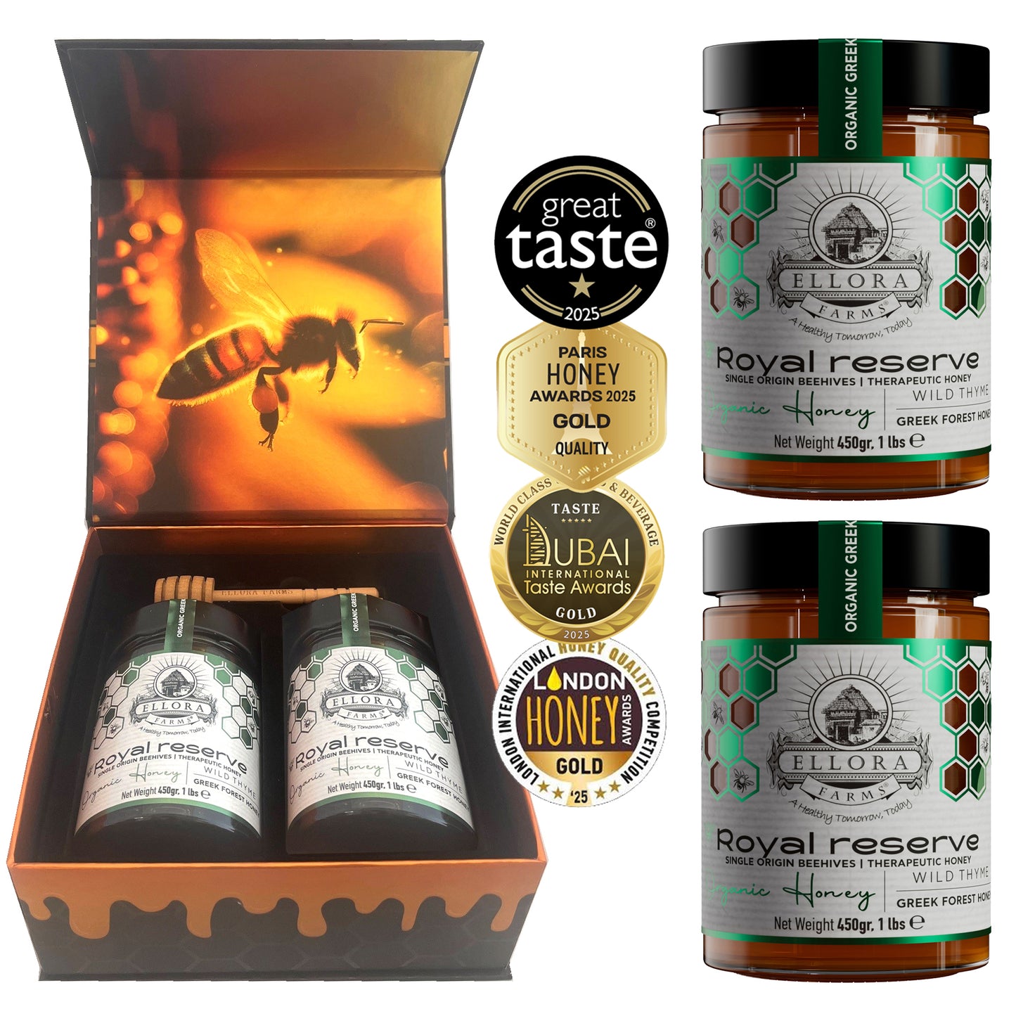 Ellora Farms, Organic Greek Raw Honey, Royal Reserve, Wild Thyme, Superfood, Includes Wooden Dippers, 1 lb. Each, Twin Gift Pack