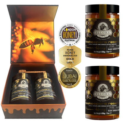 Ellora Farms, Single Estate PDO Greek Raw Honey, Pine & Thyme, Superfood, Includes Wooden Dippers, 1 lb Each, Twin Gift Pack