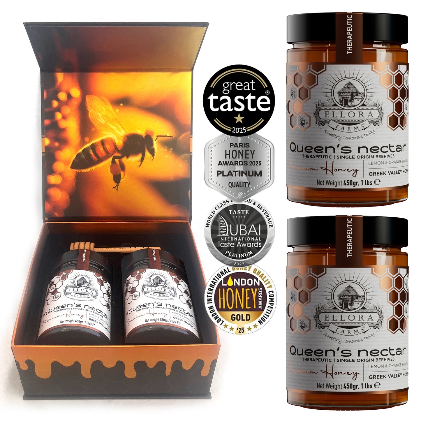 Ellora Farms, Queens Nectar, Lemon & Orange Blossom Honey, Greek Superfood, Includes Wooden Dippers, 1 lb. Each, Twin Gift Pack