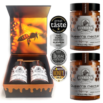 Ellora Farms, Queens Nectar, Lemon & Orange Blossom Honey, Greek Superfood, Includes Wooden Dippers, 1 lb. Each, Twin Gift Pack