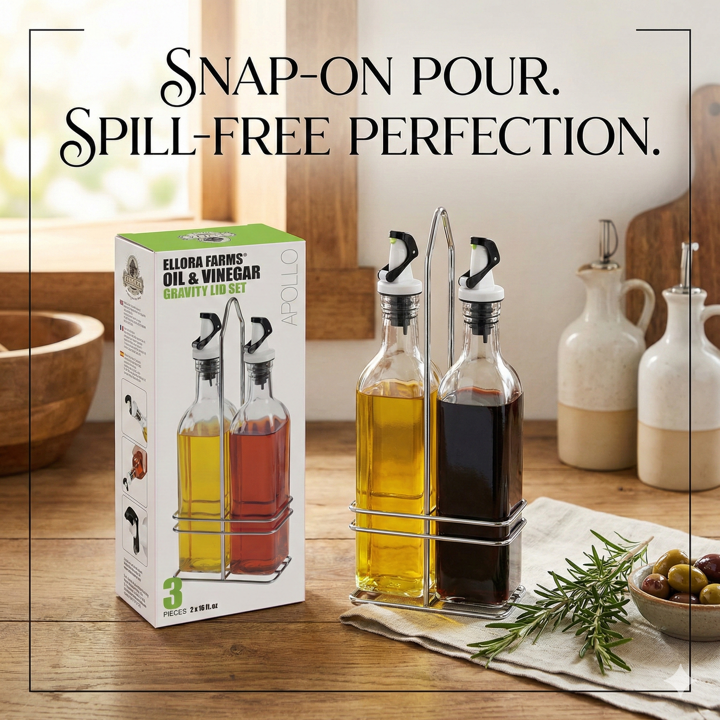 Apollo Chef Cruet Glass Bottle Set, Gravity Pourer, Oil & Vinegar Dispenser, 16 fl oz. X 2 Bottles