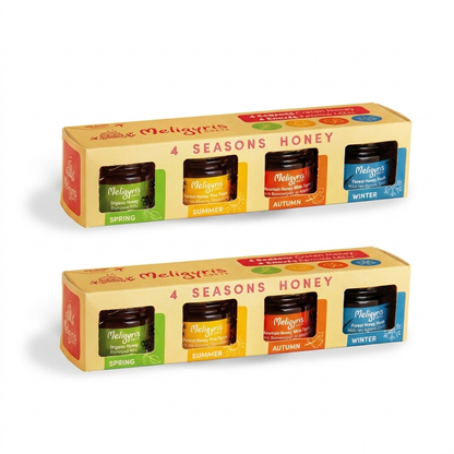 Meligyris Greek Honey Gift Set, 4 Varieties Pack with Mountain Honey, Pine Thyme, Forest Honey Heath, Organic Honey, 30g each Jar