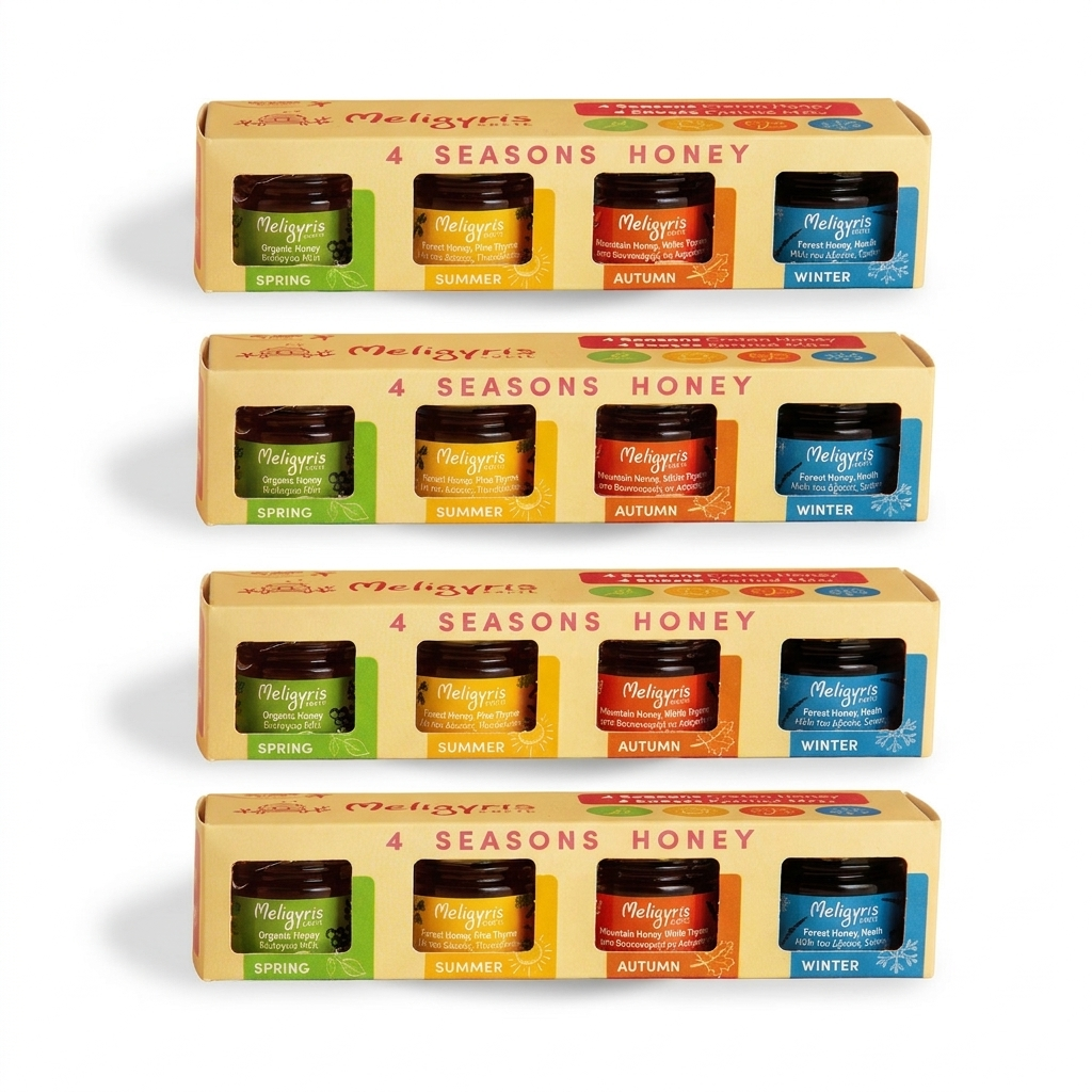 Meligyris Greek Honey Gift Set, 4 Varieties Pack with Mountain Honey, Pine Thyme, Forest Honey Heath, Organic Honey, 30g each Jar