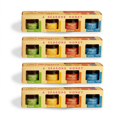 Meligyris Greek Honey Gift Set, 4 Varieties Pack with Mountain Honey, Pine Thyme, Forest Honey Heath, Organic Honey, 30g each Jar