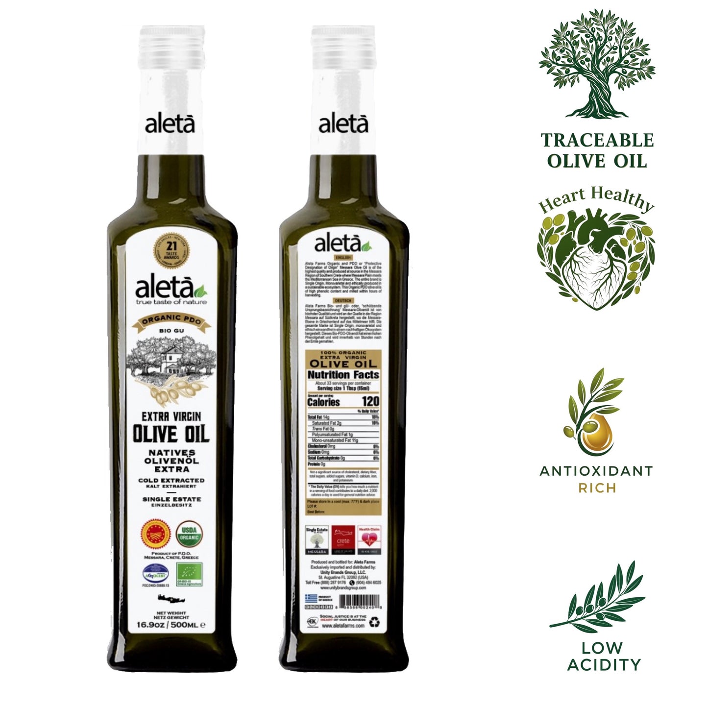 Aleta Organic & PDO Extra Virgin Greek Olive Oil, 2025 Gold Award, 17 oz. Bottle