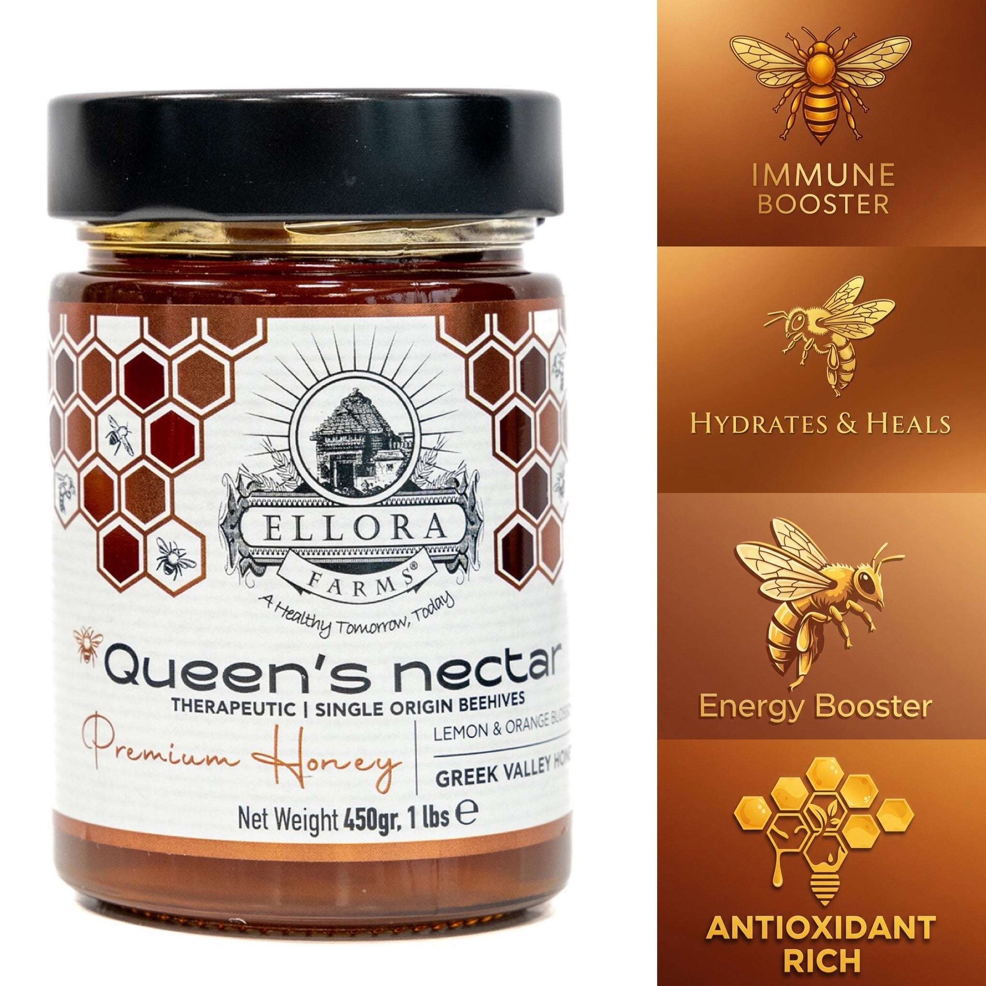 Greek Raw Honey, Queens Nectar, Lemon & Orange Blossom, 450g HONEY POT Gift Set - ELLORA FARMS