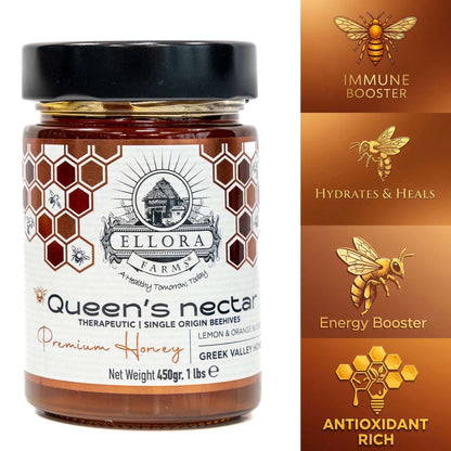 Greek Raw Honey, Queens Nectar, Lemon & Orange Blossom, 450g HONEY POT Gift Set - ELLORA FARMS