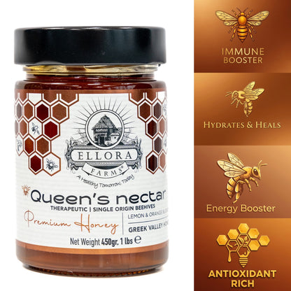 Greek Raw Honey, Queens Nectar, Lemon & Orange Blossom, 450g HONEY POT Gift Set