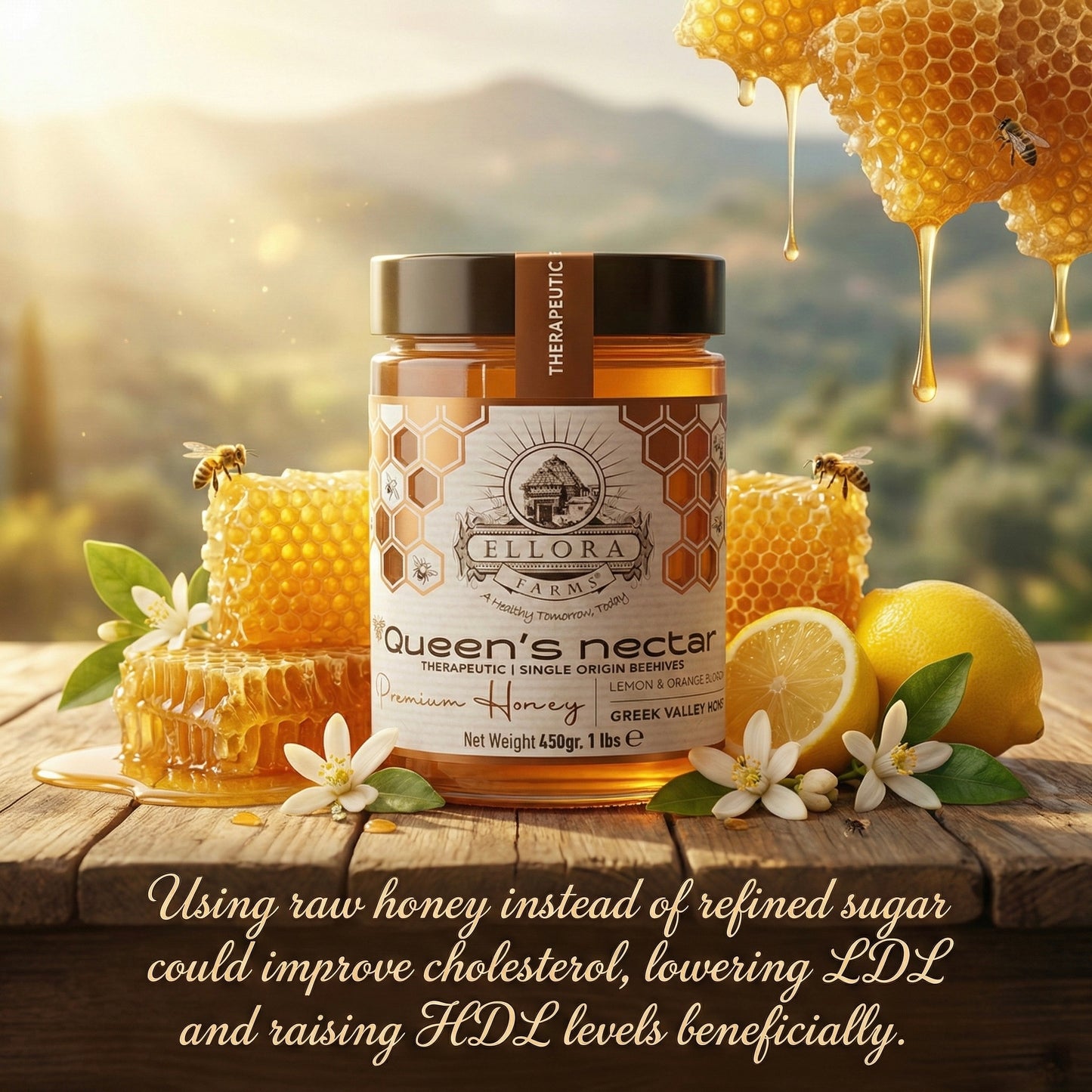 Ellora Farms, Queens Nectar, Lemon & Orange Blossom Honey, Greek Superfood, Includes Wooden Dippers, 1 lb. Each, Twin Gift Pack