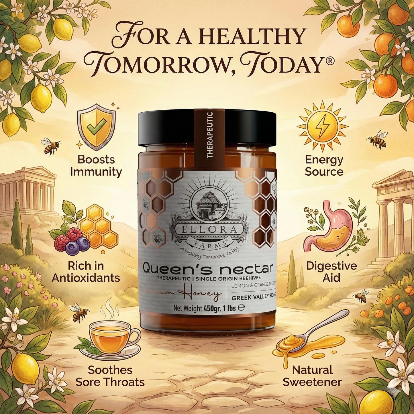 Ellora Farms, Queens Nectar, Lemon & Orange Blossom Honey, Greek Superfood, Includes Wooden Dippers, 1 lb. Each, Twin Gift Pack