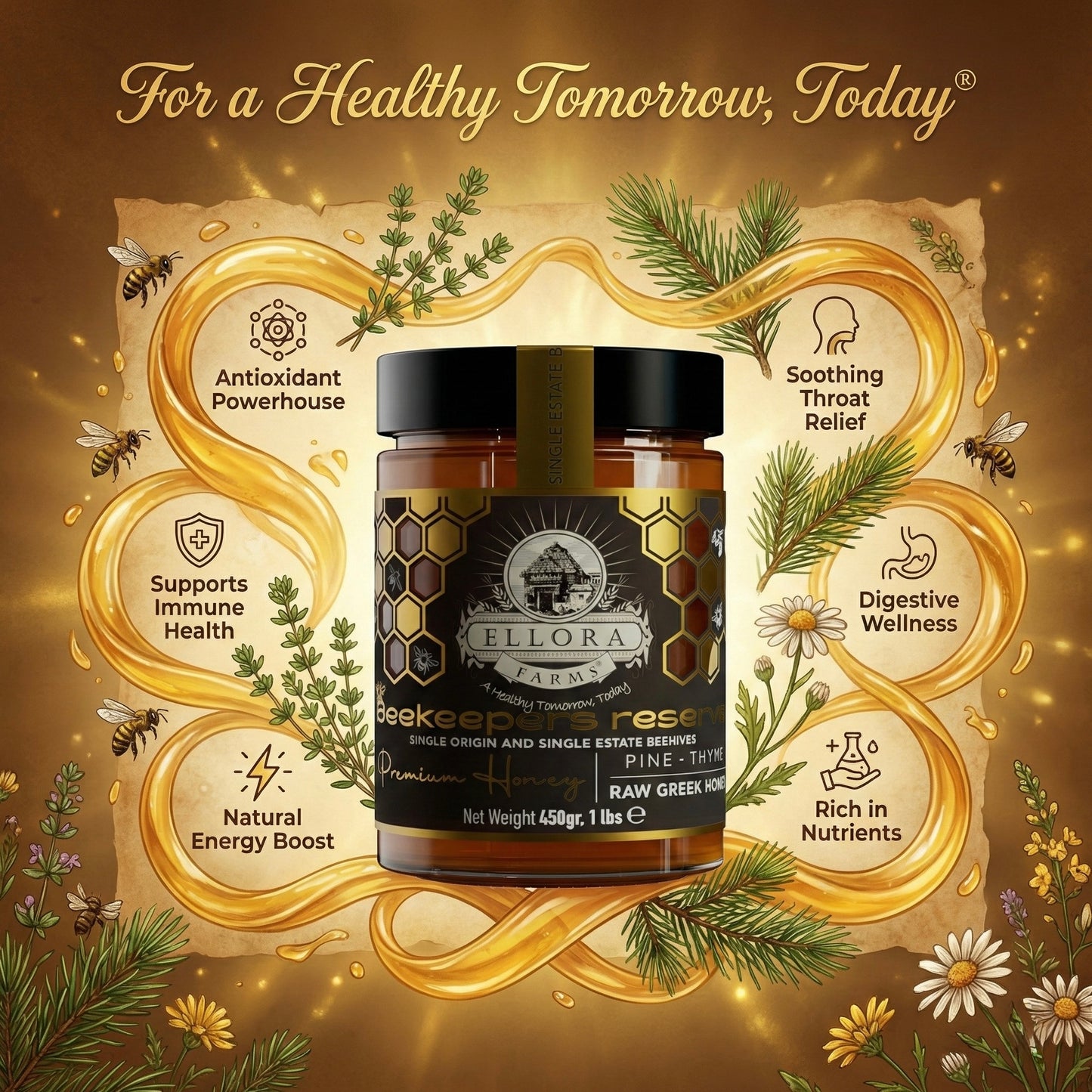 PDO Beekeepers Reserve & Queens Nectar Platinum Awarded, Raw Greek Honey, 1 lb. Each Combo Gift Pack