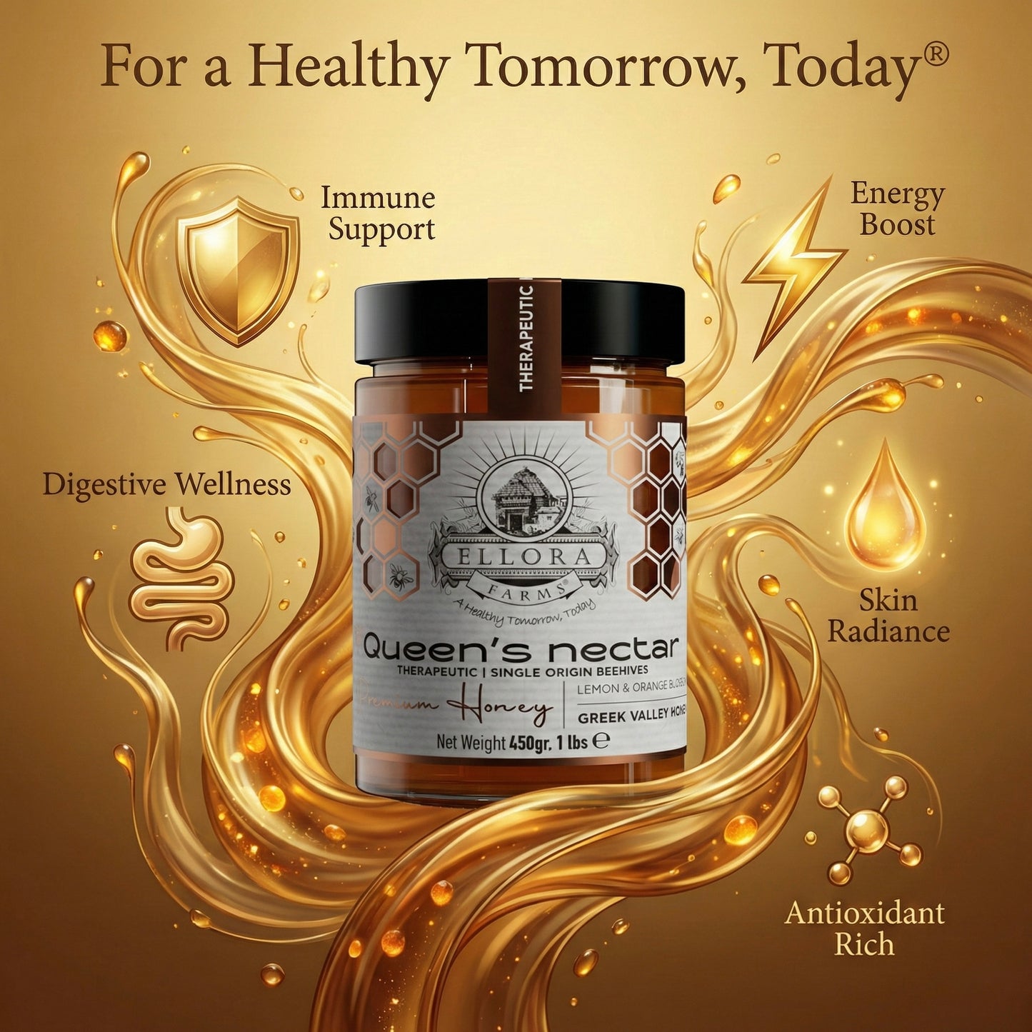 Ellora Farms, Queens Nectar, Lemon & Orange Blossom Honey, Greek Superfood, Includes Wooden Dippers, 1 lb. Each, Twin Gift Pack