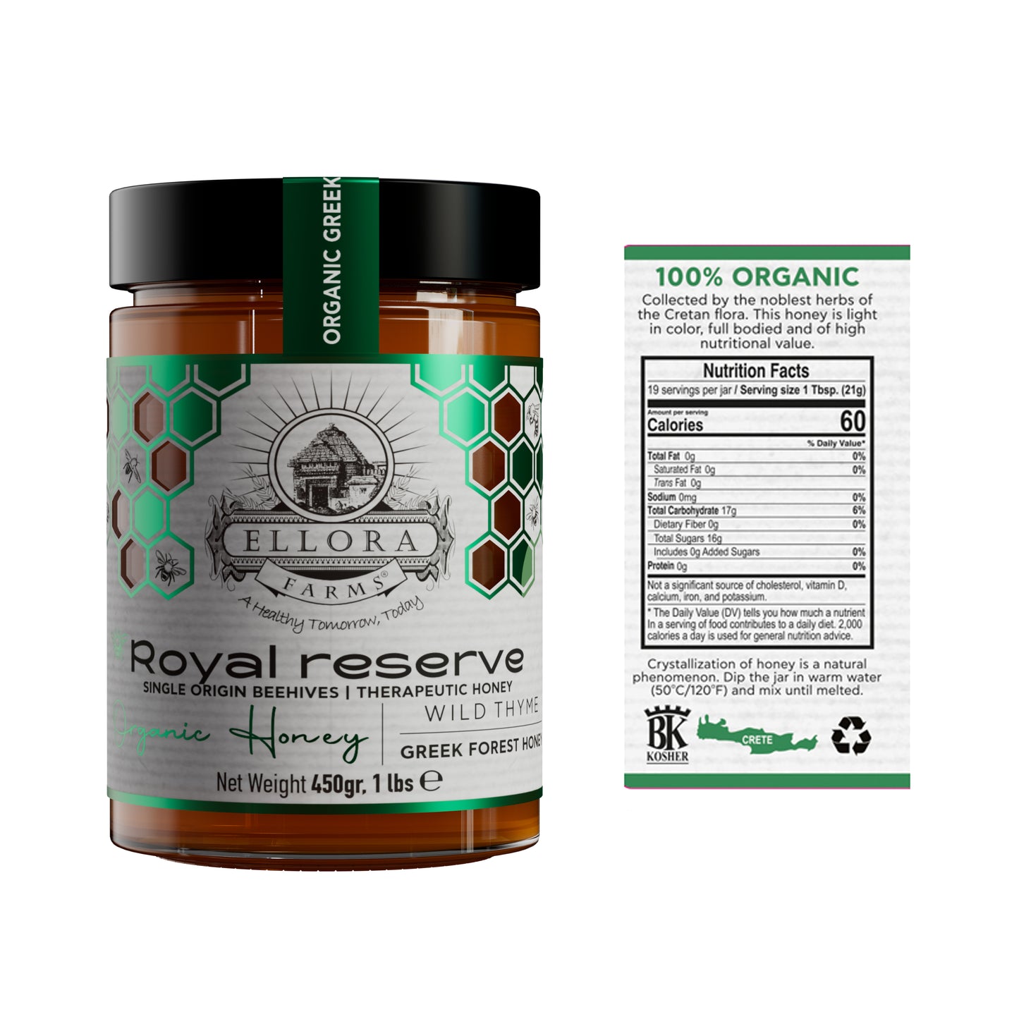 Organic Greek Raw Honey, Royal Reserve, Wild Thyme Therapeutic Honey, 450g TUBE Gift Set