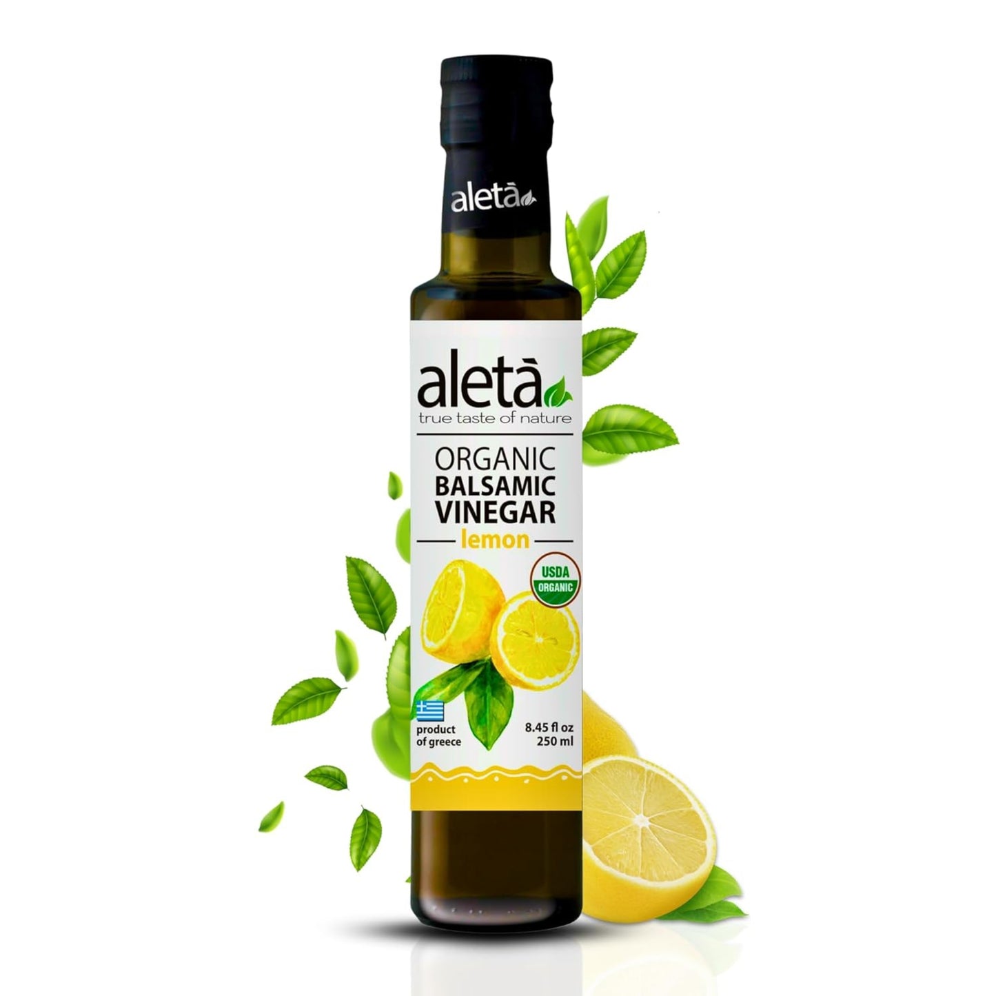 Aleta Organic, Lemon Infused Balsamic Vinegar, Glass Bottle, 8.45 oz.