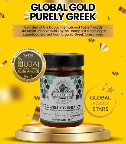 Organic Greek Raw Honey, Royal Reserve, Wild Thyme Gift of Honey, 450g HONEY POT Gift Set - ELLORA FARMS