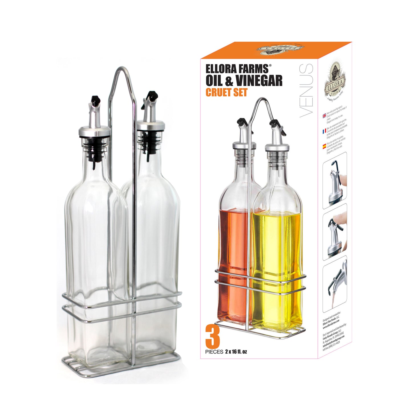 Venus Chef Cruet Glass Bottle Set, Oil & Vinegar Dispenser, 16 fl oz. X 2 Bottles