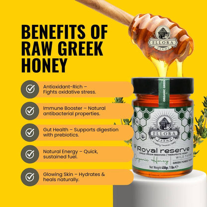 Organic Greek Raw Honey, Royal Reserve, Wild Thyme Therapeutic Honey, 450g TUBE Gift Set - ELLORA FARMS