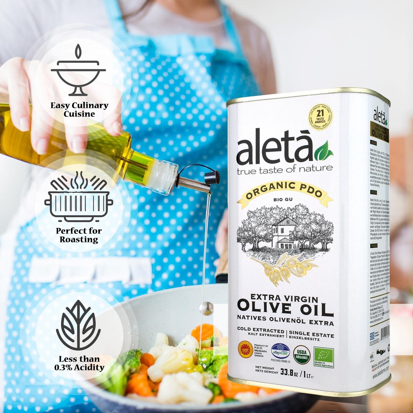 ELLORA FARMS Aleta organic PDO extra virgin olive oil 1L tin being poured over fresh vegetables in a kitchen setting