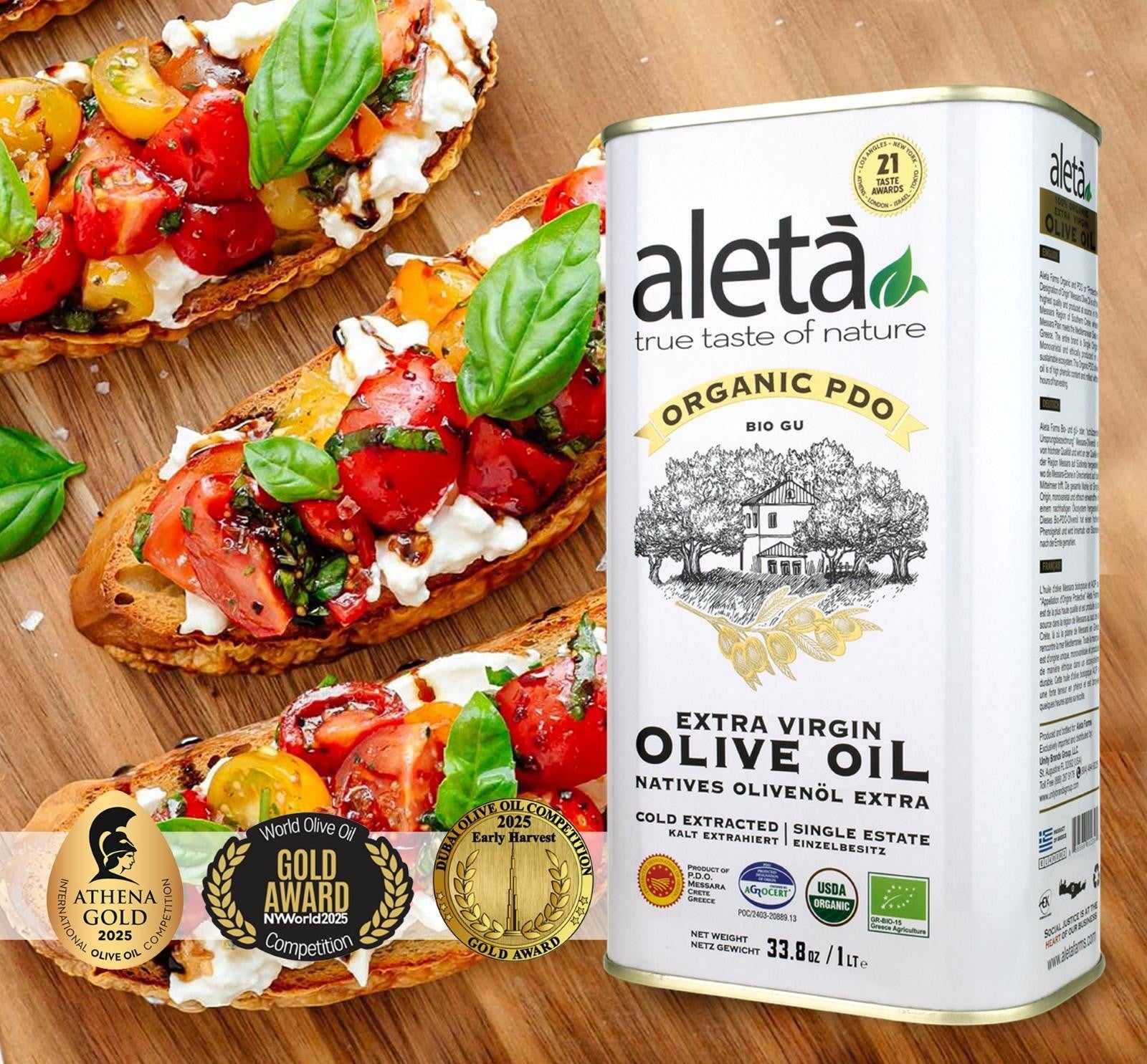 ELLORA FARMS Aleta organic PDO extra virgin olive oil 1L tin next to bruschetta with tomatoes and cheese