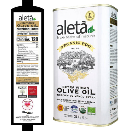 ELLORA FARMS Aleta organic PDO extra virgin Greek olive oil in a 1 liter metal tin with detailed label information.