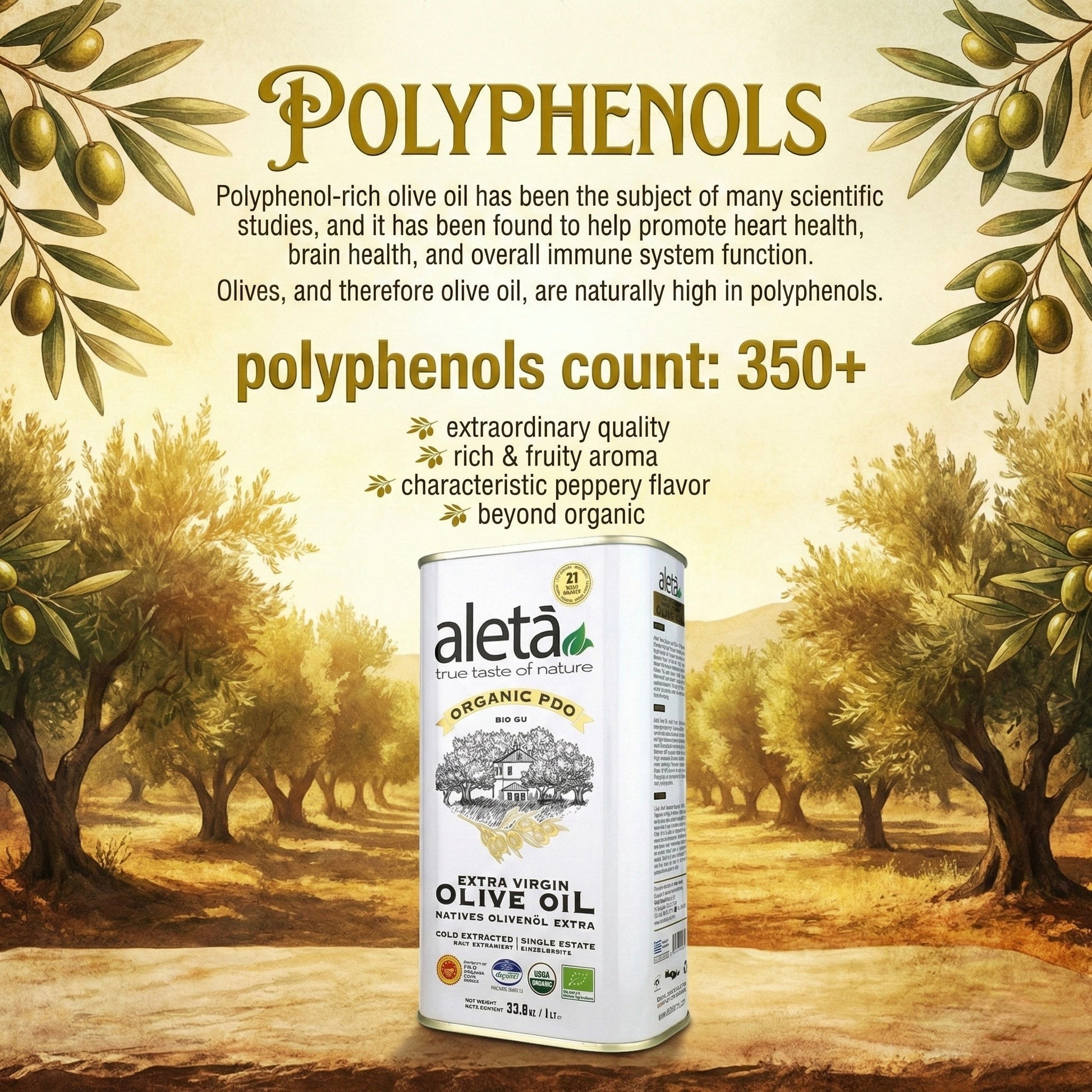 ELLORA FARMS Aleta organic PDO extra virgin olive oil tin featuring polyphenol health benefits in a Cretan grove setting