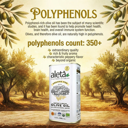ELLORA FARMS Aleta organic PDO extra virgin olive oil tin featuring polyphenol health benefits in a Cretan grove setting