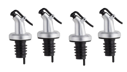 ELLORA FARMS set of four silver and black bottle pourer spouts with snap-on lids for oil and vinegar bottles.