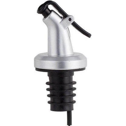 ELLORA FARMS silver chef pourer bottle spout with a black snap-on lid for controlled oil and vinegar dispensing.