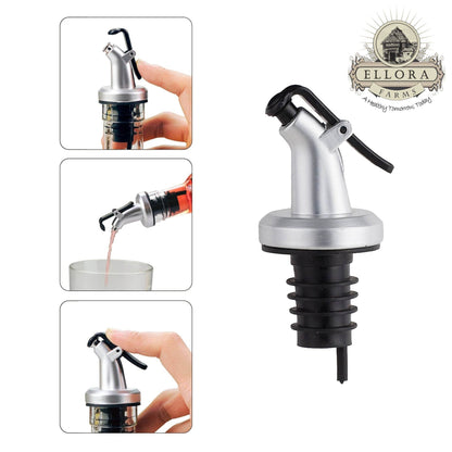 ELLORA FARMS silver chef pourer bottle spout with black snap-on lid for controlled oil and vinegar dispensing