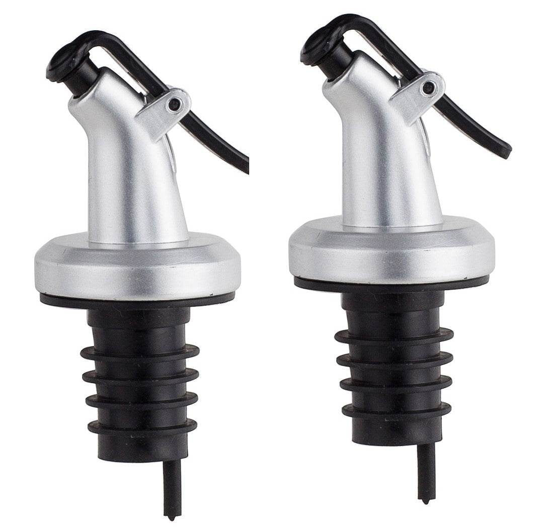 ELLORA FARMS chef pourer bottle spouts with silver finish, black snap-on lids, and ribbed seals for olive oil bottles