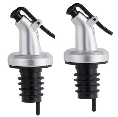 ELLORA FARMS chef pourer bottle spouts with silver finish, black snap-on lids, and ribbed seals for olive oil bottles