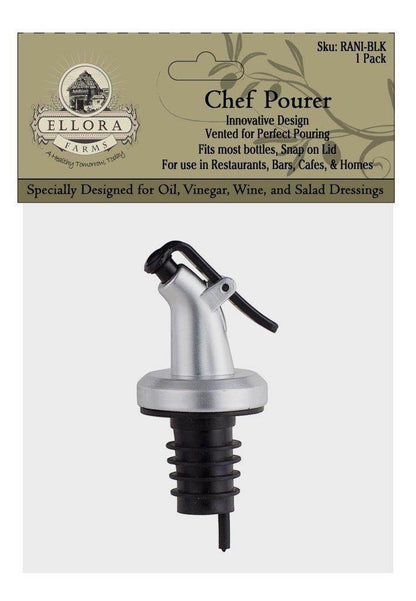 ELLORA FARMS chef pourer bottle spout with silver finish, black snap-on lid, and ribbed stopper for oils and vinegars.