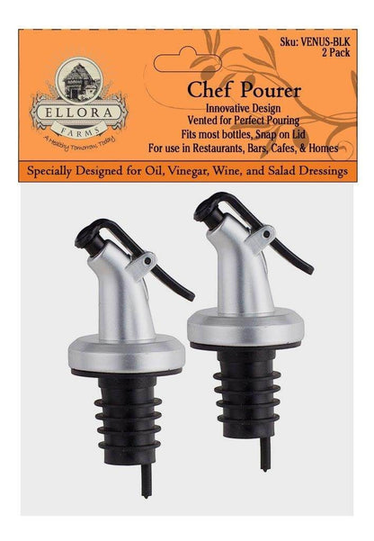 Two ELLORA FARMS chef pourer bottle spouts with silver finish and black snap-on lids for oil and vinegar bottles.