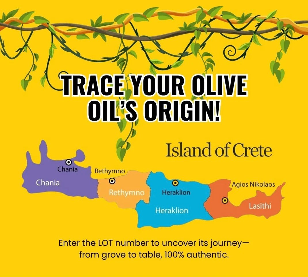 ELLORA FARMS map of Crete showing olive oil origin traceability with vine illustrations on a yellow background