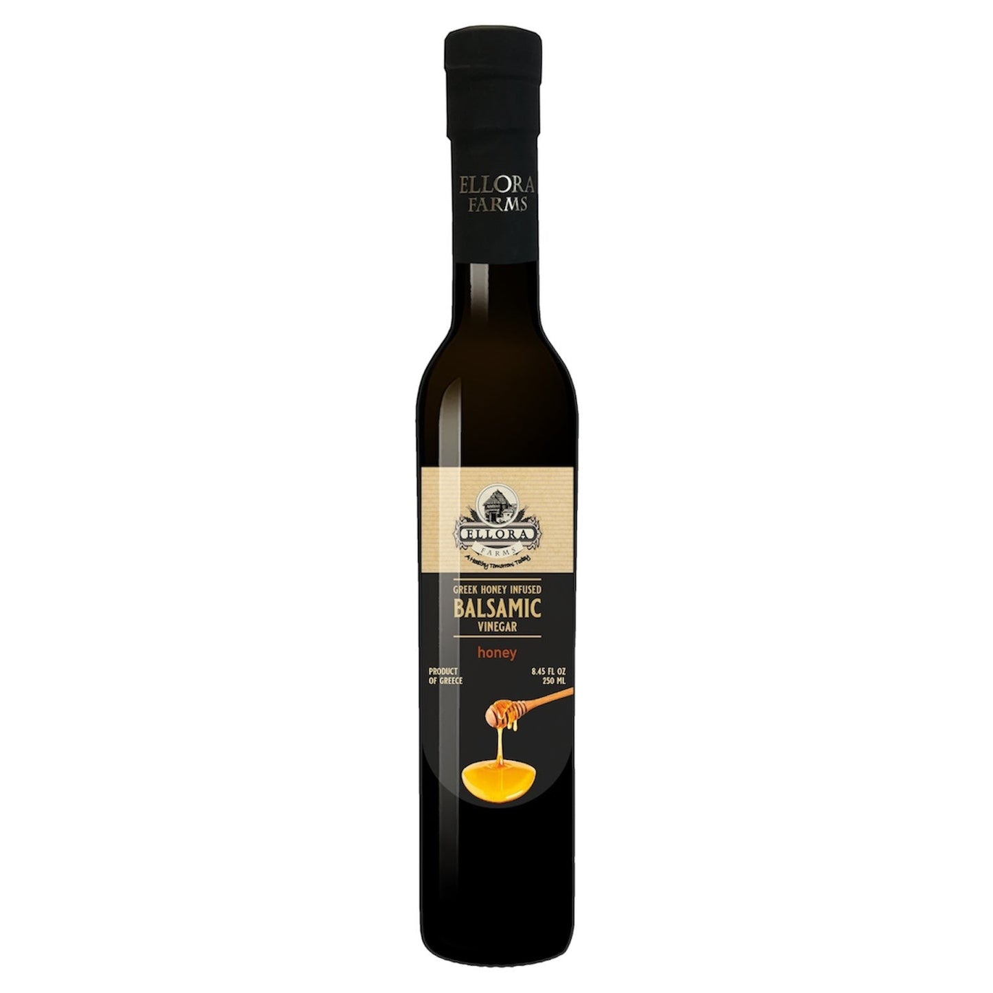 ELLORA FARMS Greek honey infused balsamic vinegar in a tall glass bottle with a black cap and elegant label.