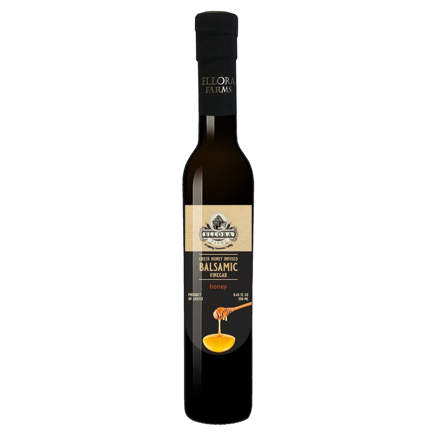 ELLORA FARMS Greek honey infused balsamic vinegar in a tall glass bottle with a black cap and elegant label.