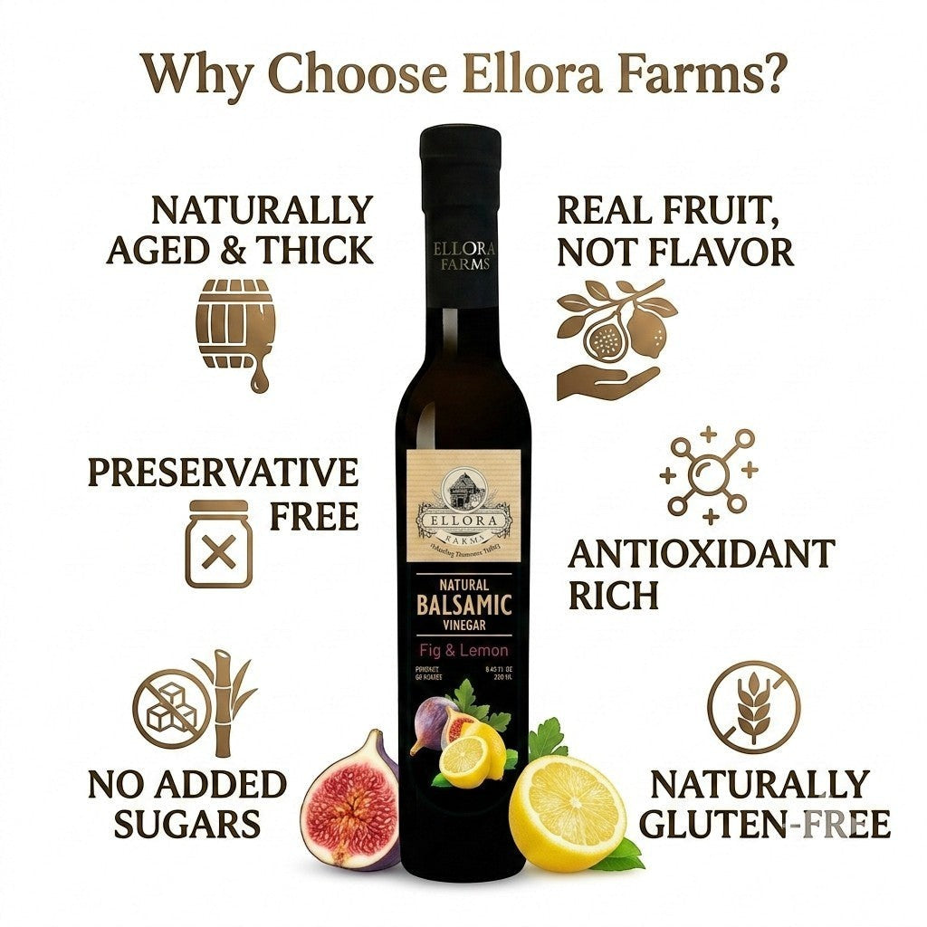 ELLORA FARMS lemon and fig infused balsamic vinegar bottle with infographic highlights on natural ingredients
