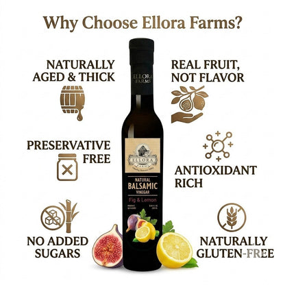 ELLORA FARMS lemon and fig infused balsamic vinegar bottle with infographic highlights on natural ingredients