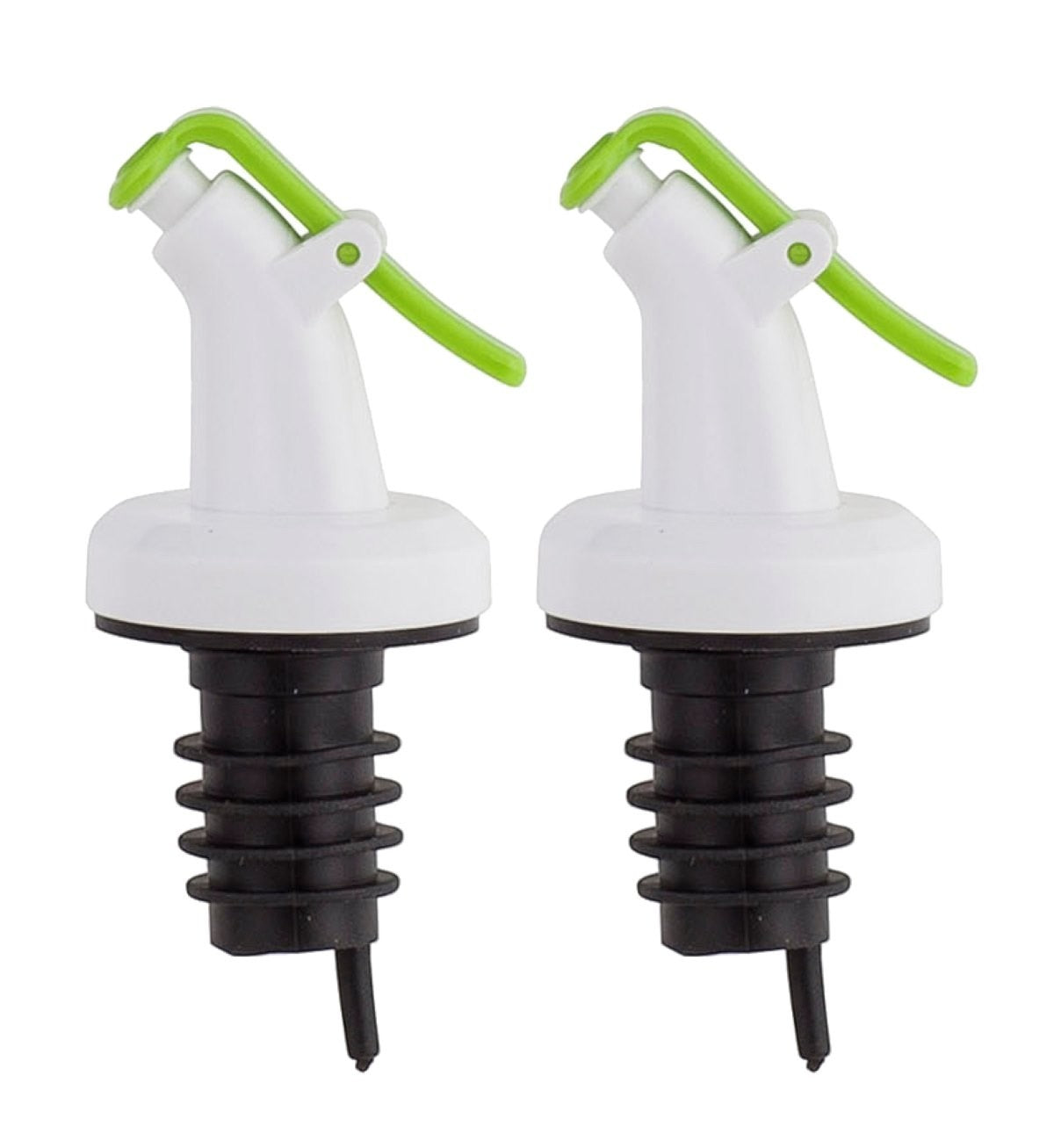 Two ELLORA FARMS professional chef bottle pourers with white bodies, black ribbed bases, and green snap-on lids.