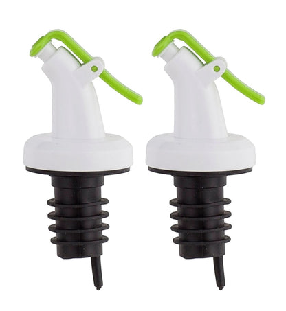 Two ELLORA FARMS professional chef bottle pourers with white bodies, black ribbed bases, and green snap-on lids.
