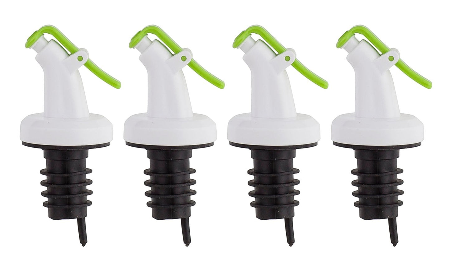 Four ELLORA FARMS professional chef bottle pourers with white bodies, green snap-on lids, and ribbed black bases.