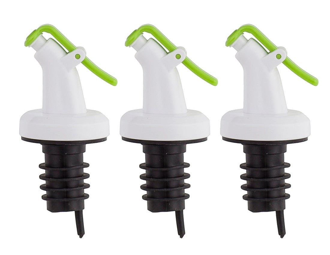 Three ELLORA FARMS professional chef bottle spouts with white bodies, green snap-on lids, and black ribbed bases.